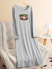  Christmas Lounge Dress Women's Plus Snowman & Santa Print Long Sleeve