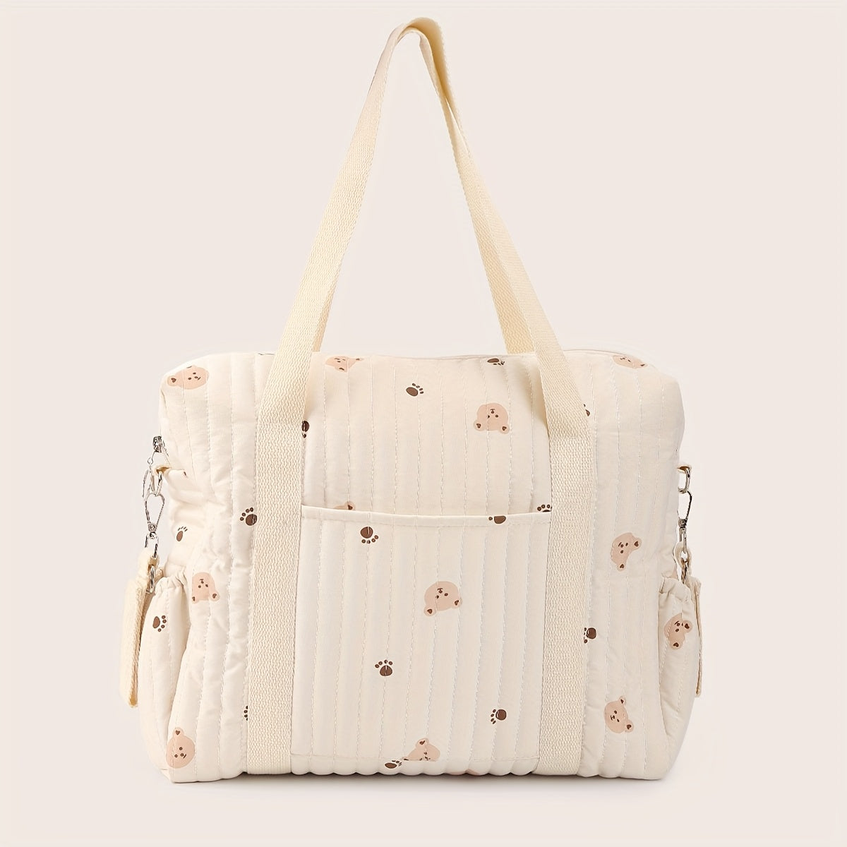 Bear Pattern Quilted Diaper Bag with Shoulder Strap & Stroller Hooks