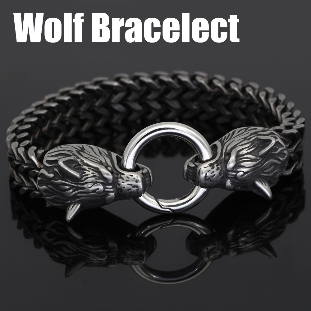 Men's Stainless Steel Wolf Head Bracelet Vintage Personality Viking