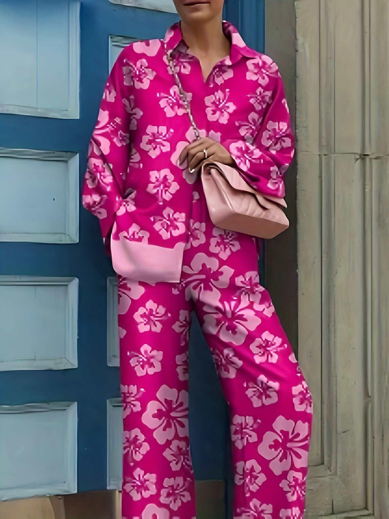  Floral Print Shirt & Pants Two Piece Set