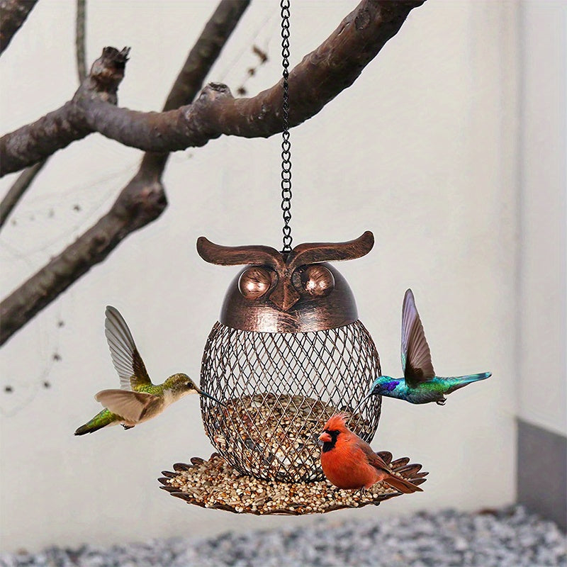 Owl Shaped Hanging Bird Feeder Copper Metal Mesh Wild Finch Bird Feeder