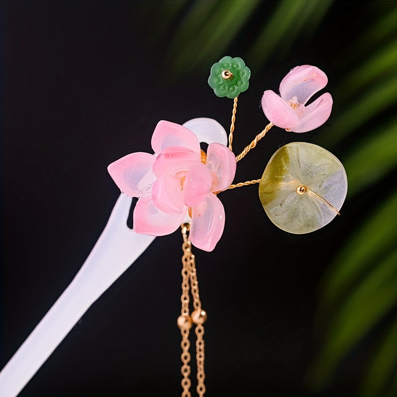 Chinese Style Flower Hairpin with Tassel Ponytail Holder