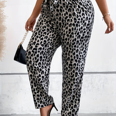 Women's Plus Leopard Print Ruffle Trim Pants With Belt