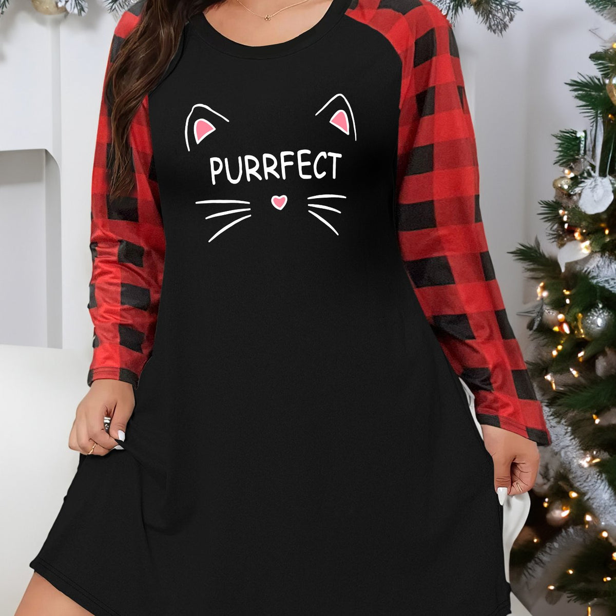 Lounge Dress Women's Plus Letter Cat Graphic Plaid Raglan Sleeve