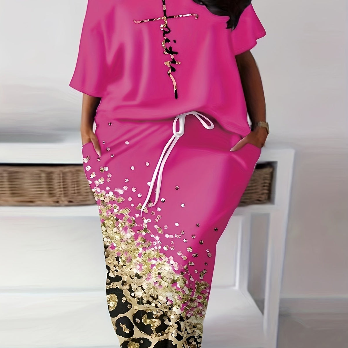  Letter Print One Shoulder Top & Maxi Skirt Set