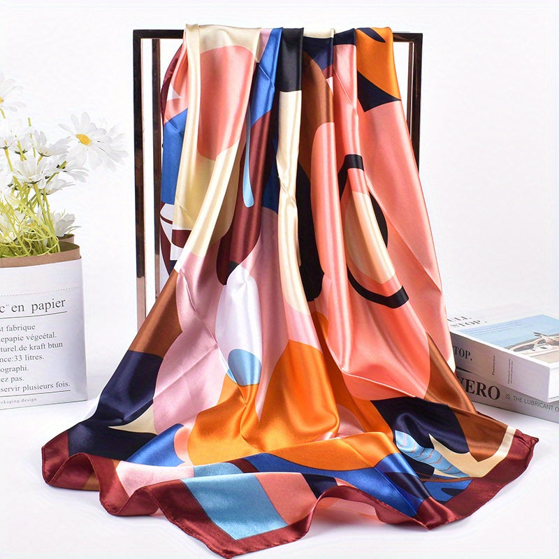 Colorful Geometric Print Bandana Black Square Scarf Silk Shawl