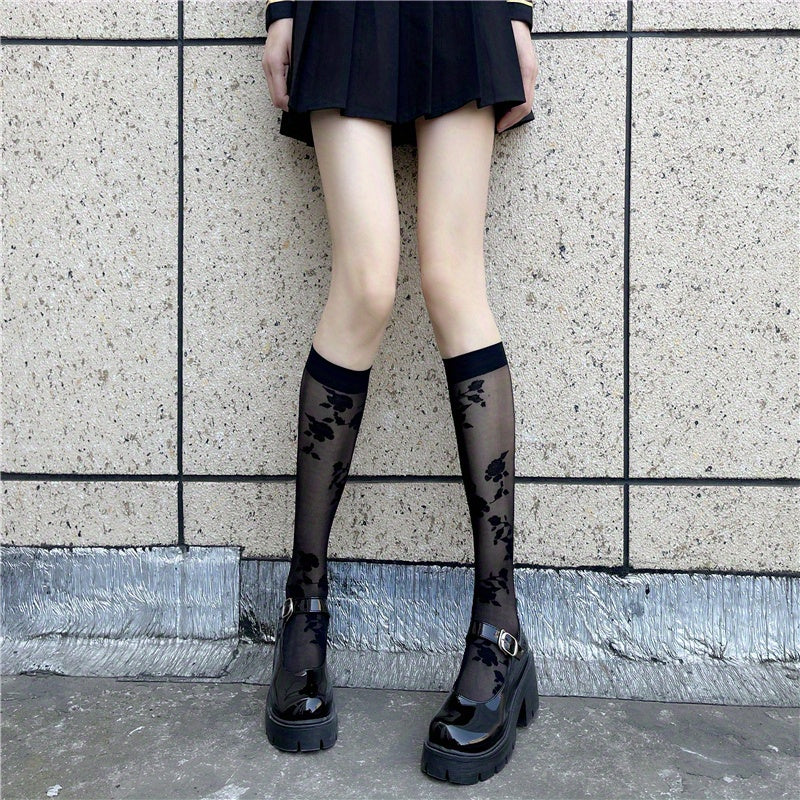Floral Pattern Mesh Calf Socks Sheer Knee High Stockings