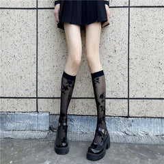 Floral Pattern Mesh Calf Socks Sheer Knee High Stockings