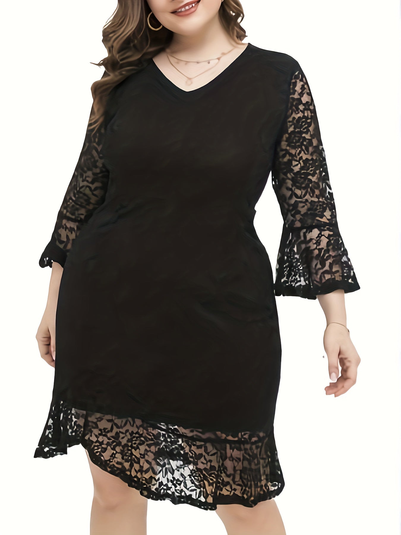  Lace Bell Sleeve V Neck Bodycon Dress