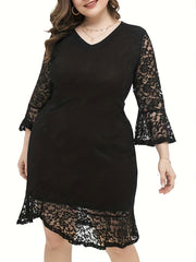  Lace Bell Sleeve V Neck Bodycon Dress