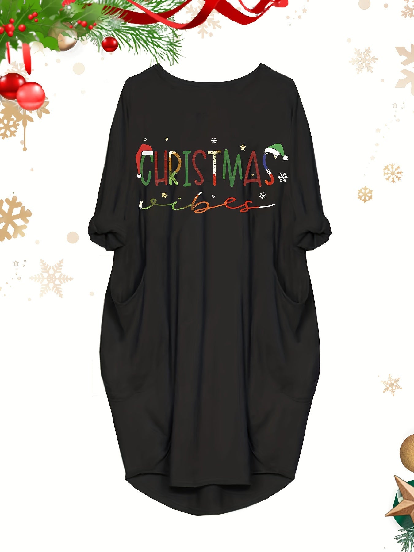 Christmas Casual Dress Women's Plus Letter Print Long Sleeve Dress