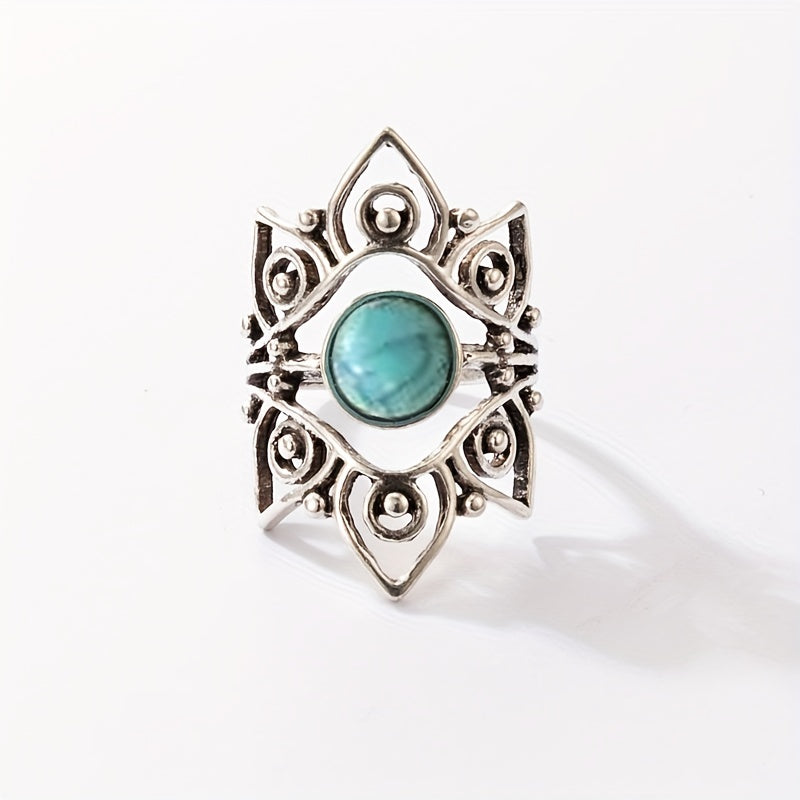 Geometric Turquoise Single Ring Vintage Carved Hollow Ring
