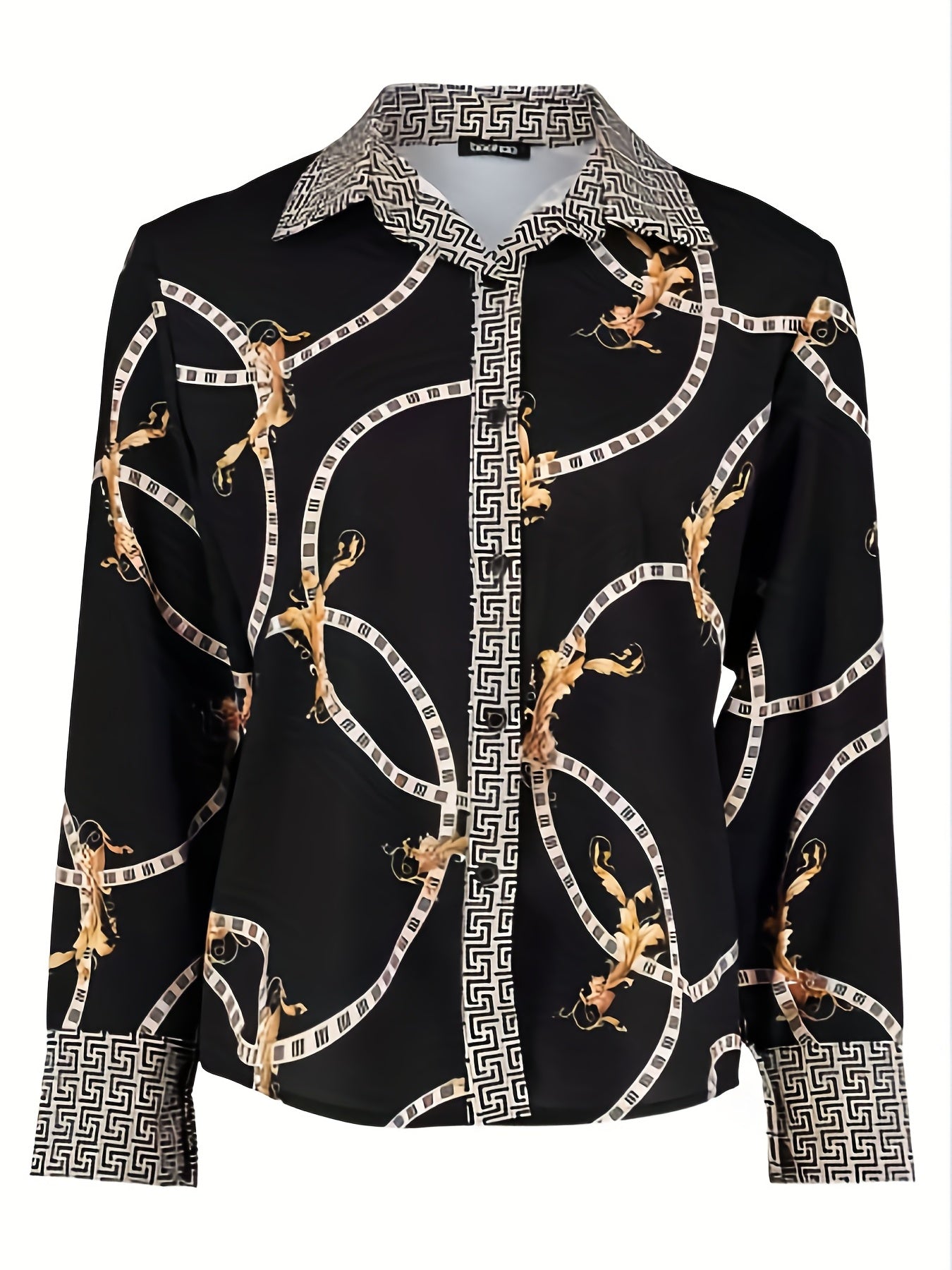  Greek & Chain Print Button Up Long Sleeve Blouse