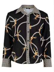  Greek & Chain Print Button Up Long Sleeve Blouse