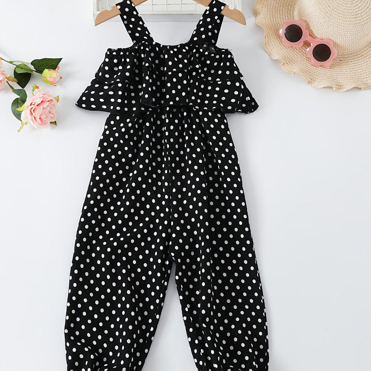 Girls Polka Dot Print Ruffled Suspender Jumpsuit