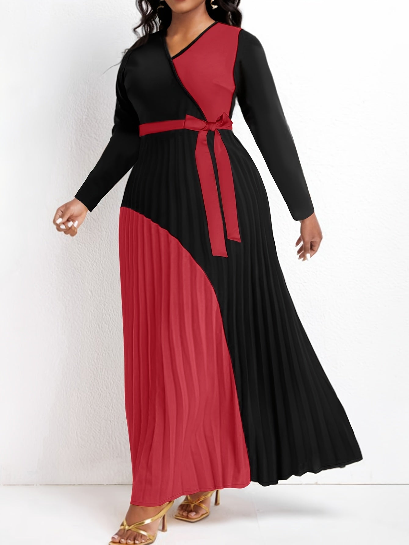  Colorblock Long Sleeve Maxi Dress With Belt