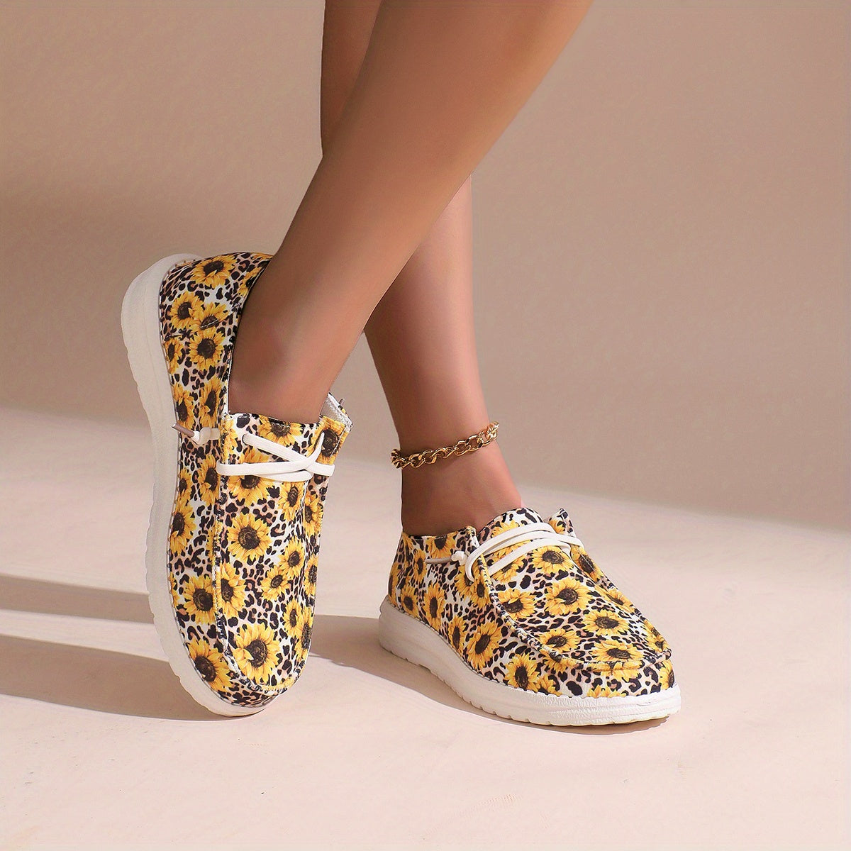 Women's Sunflower & Leopard Print Skateboard Shoes Lightweight Walking Shoes