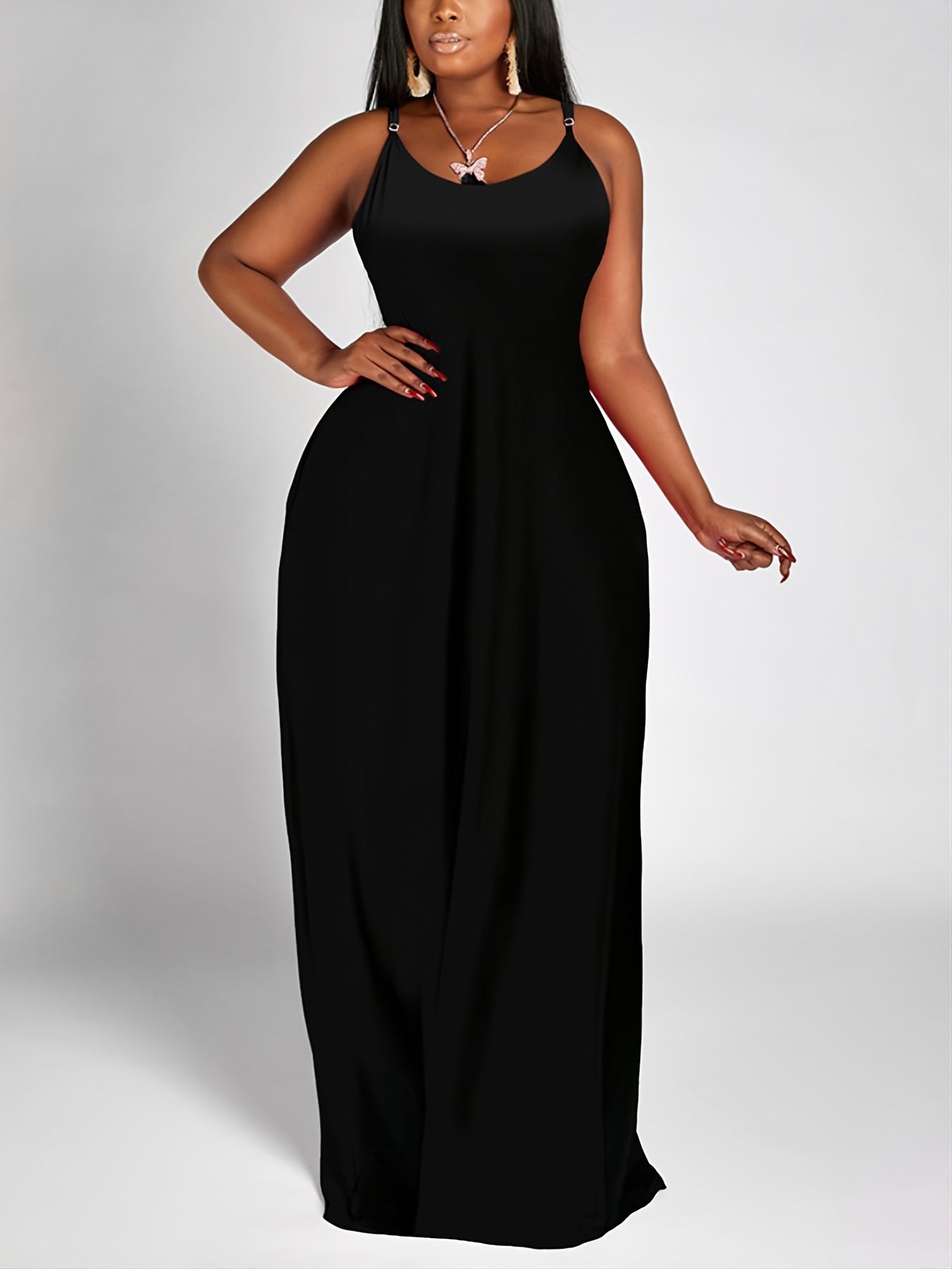  Solid Maxi Dress With Pocket Women's Plus Long Dress