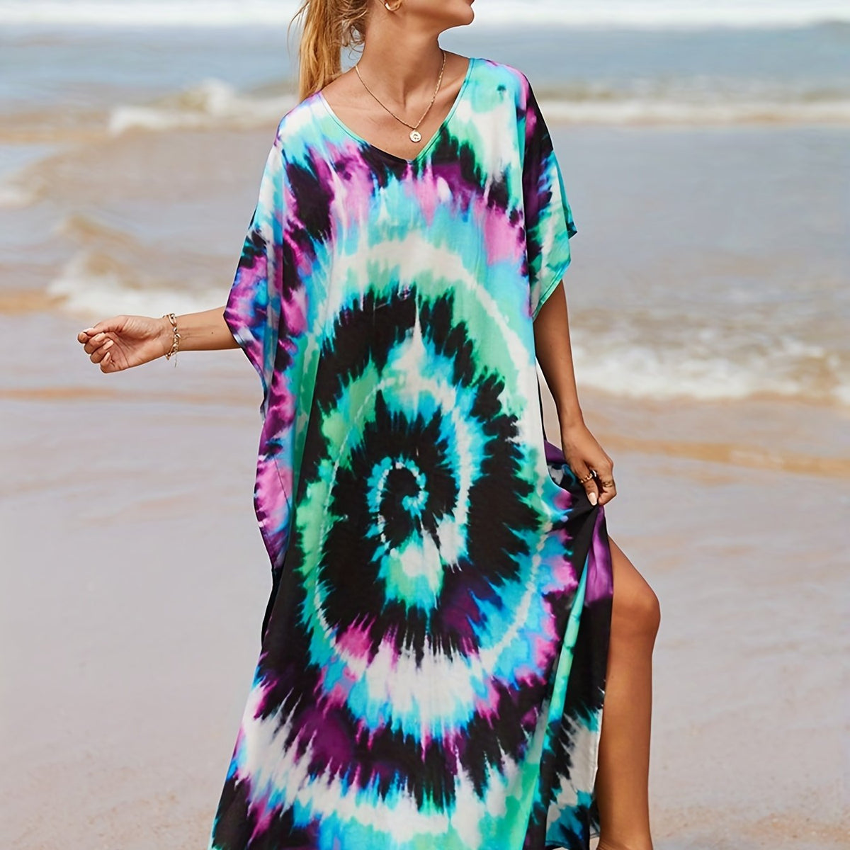  Tie Dye Bat Sleeve V Neck Cover Up Dress