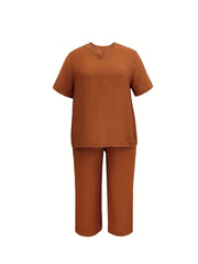  Solid Short Sleeve Top & Wide Leg Pants Set