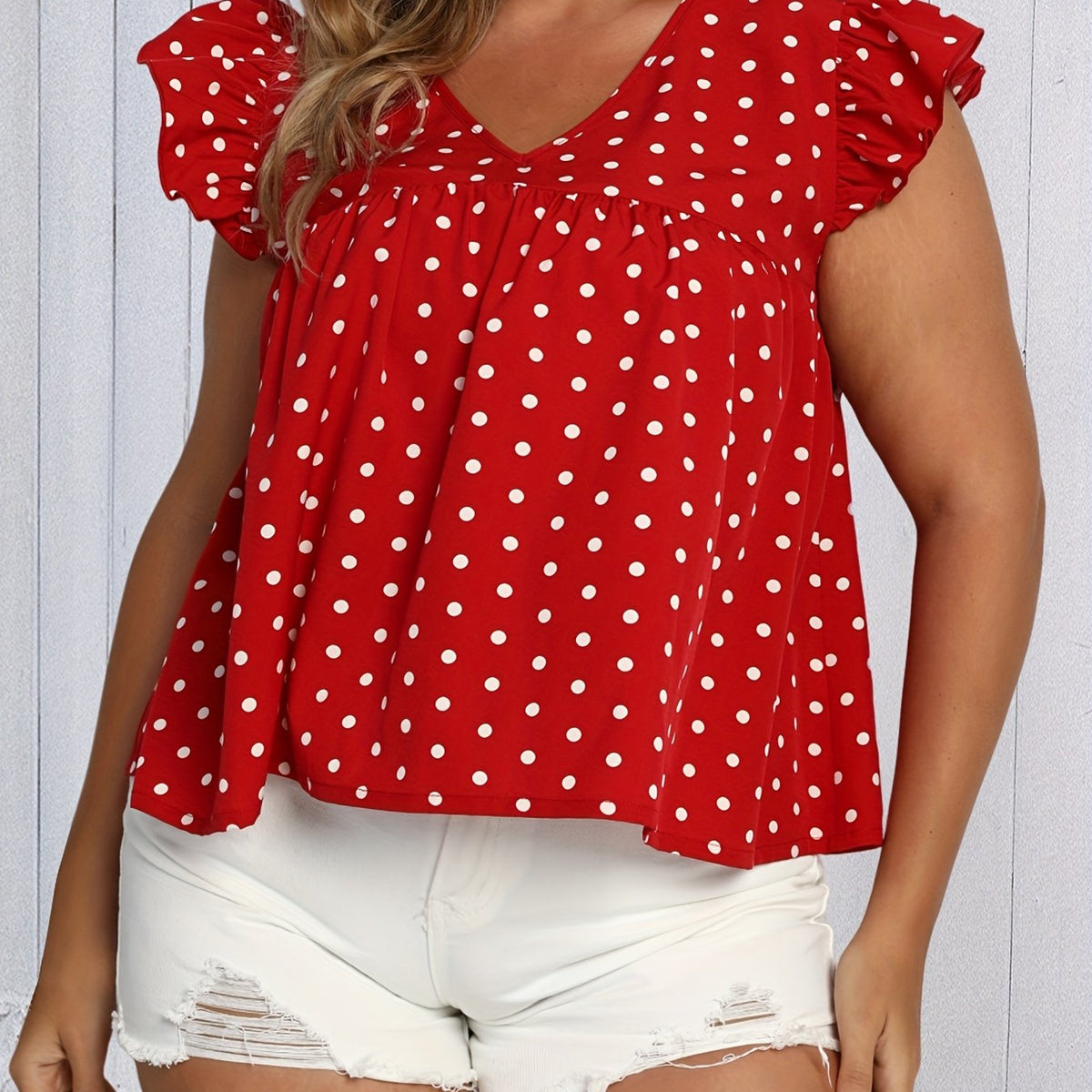  Polka Dot Print Ruffle Trim V Neck Tank Top