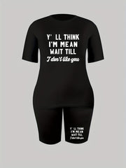 Women's Plus Slogan Print Top & Shorts Set