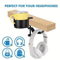 Desk Cup Holder Clamp & Headphone Hanger - Anti-Spill Coffee Holder