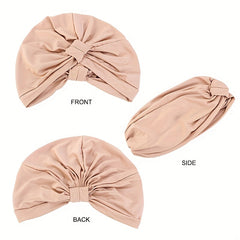 Pleated Bowknot Turban Cap Solid Elastic Head Wrap Bonnet Head Scarf