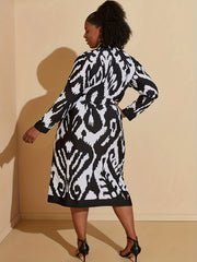 Plus Size Allover Print Long Sleeve Dress With Belt & Pockets