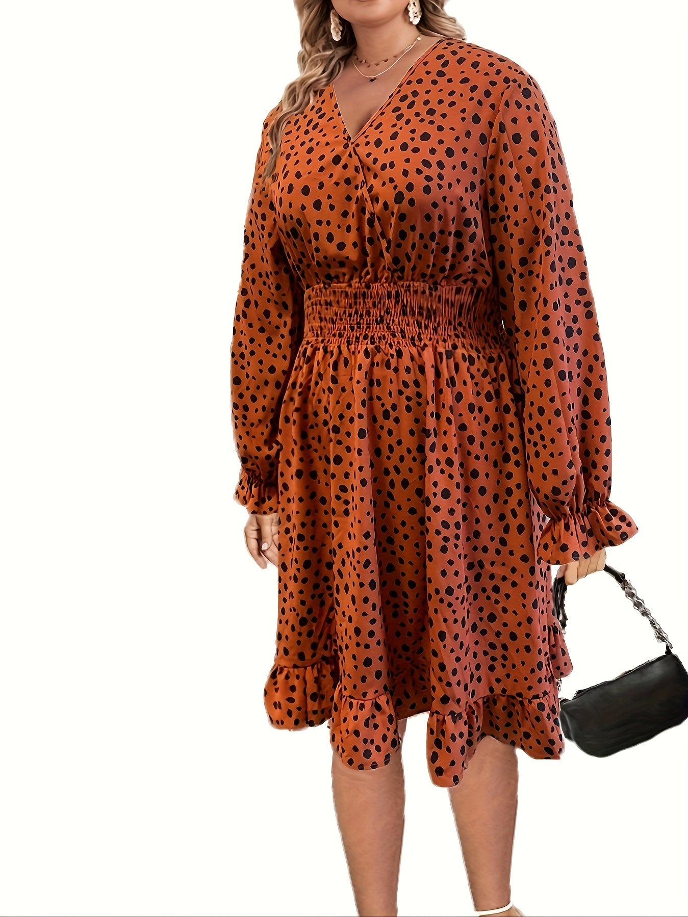 Women's Plus Leopard Print Lantern Sleeve Surplice Neck Ruffle Trim Dress