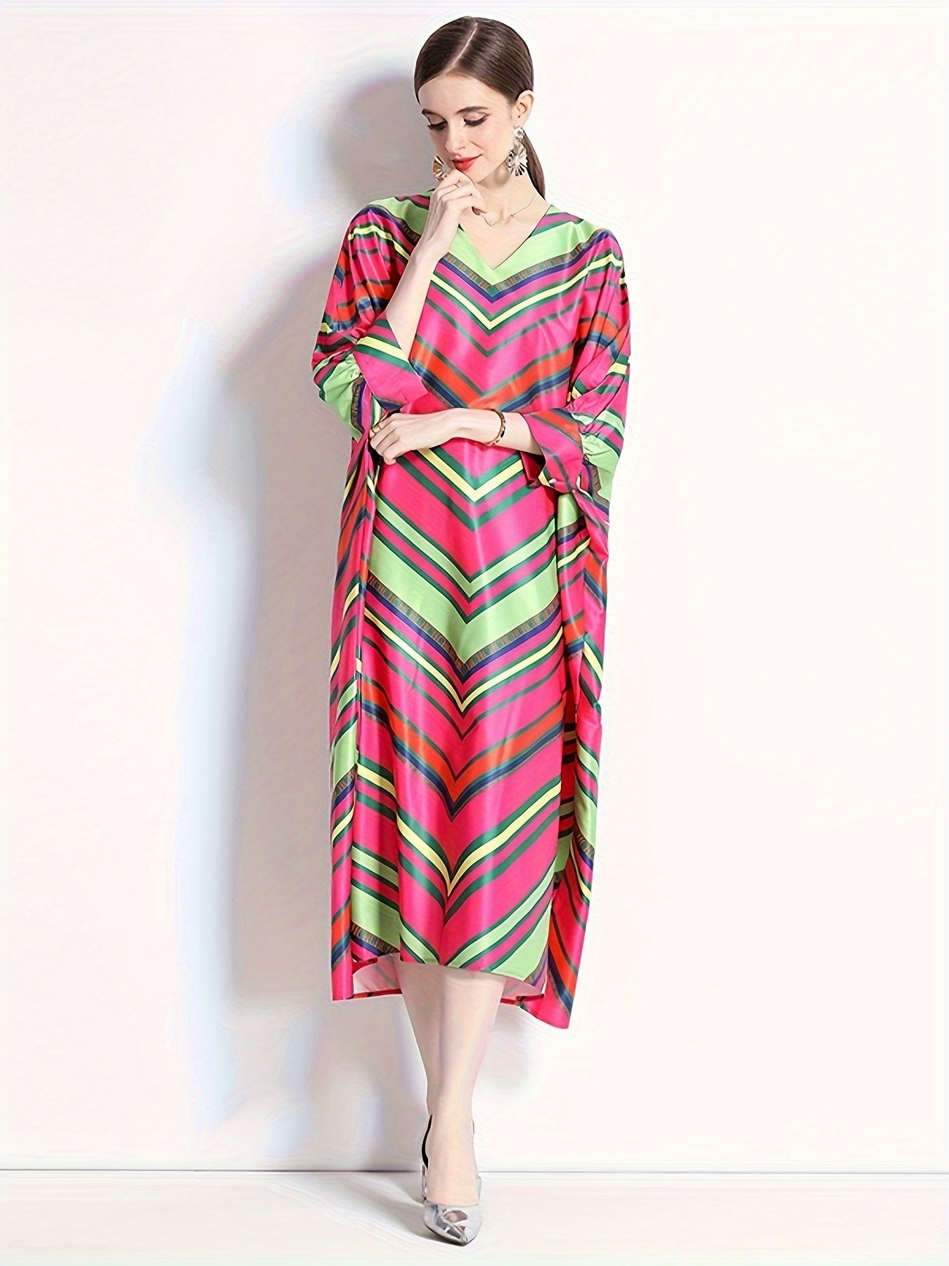 Colorblock Stripe Print V Neck Midi Dress