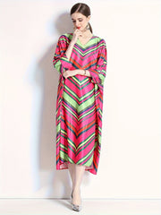  Colorblock Stripe Print V Neck Midi Dress
