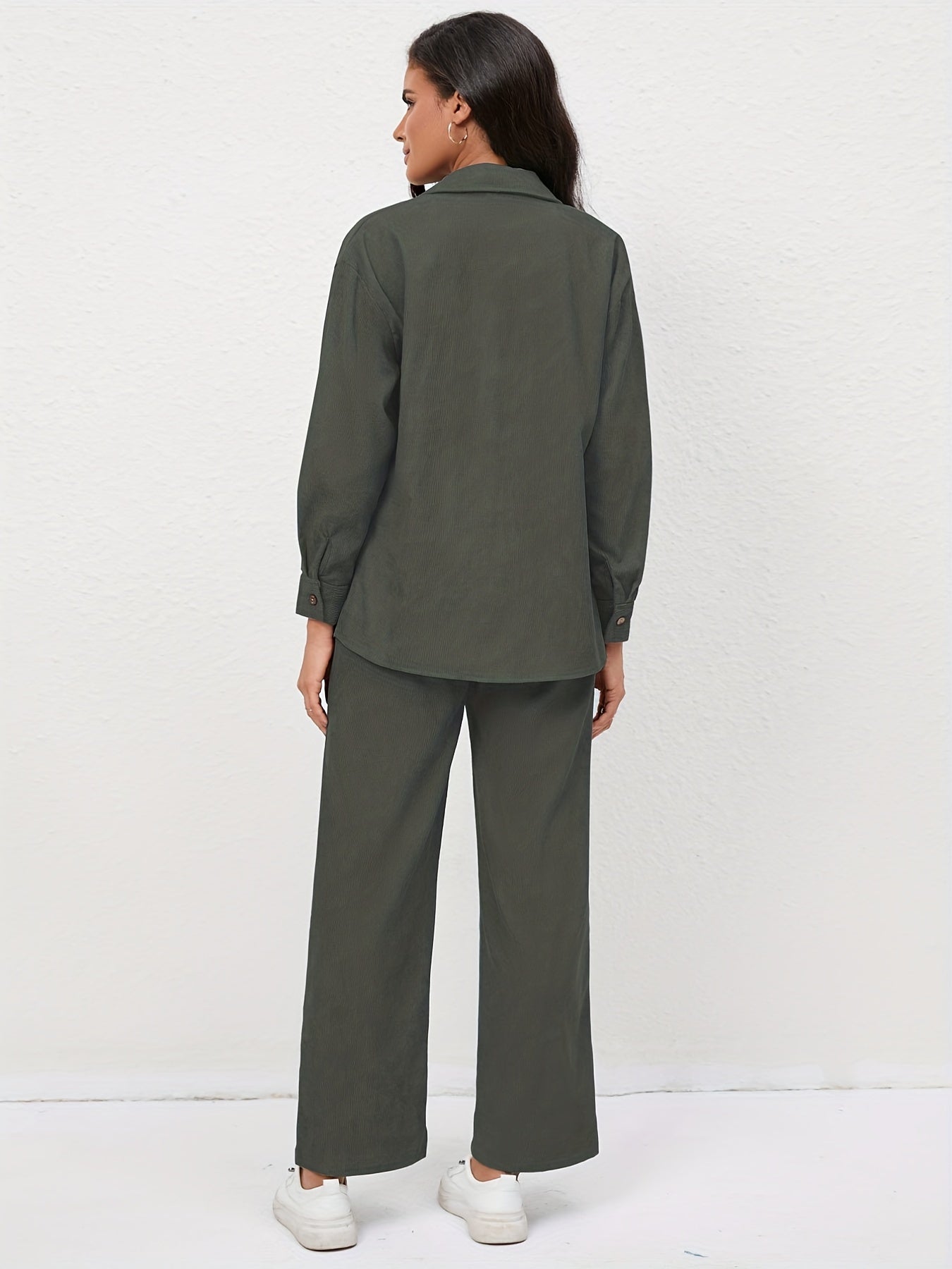 Casual Corduroy 2-Piece Set Long Sleeve Shirt & Pants Outfit