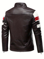 Men's Striped Leather Jacket Stand Collar Motorcycle Coat