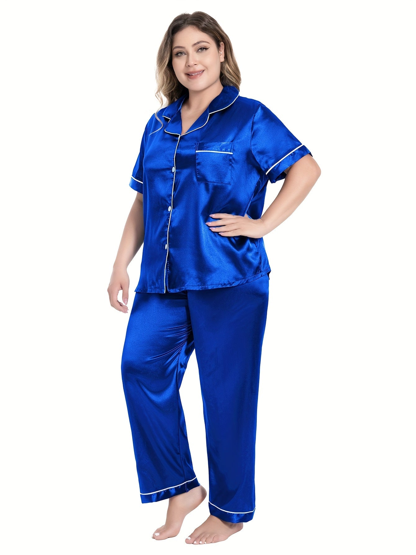  Silk Satin Button Up Shirt & Pants Lounge Set
