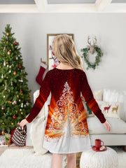 3D Christmas Tree Print Long Sleeve Crew Neck Dress Girls 4-14y