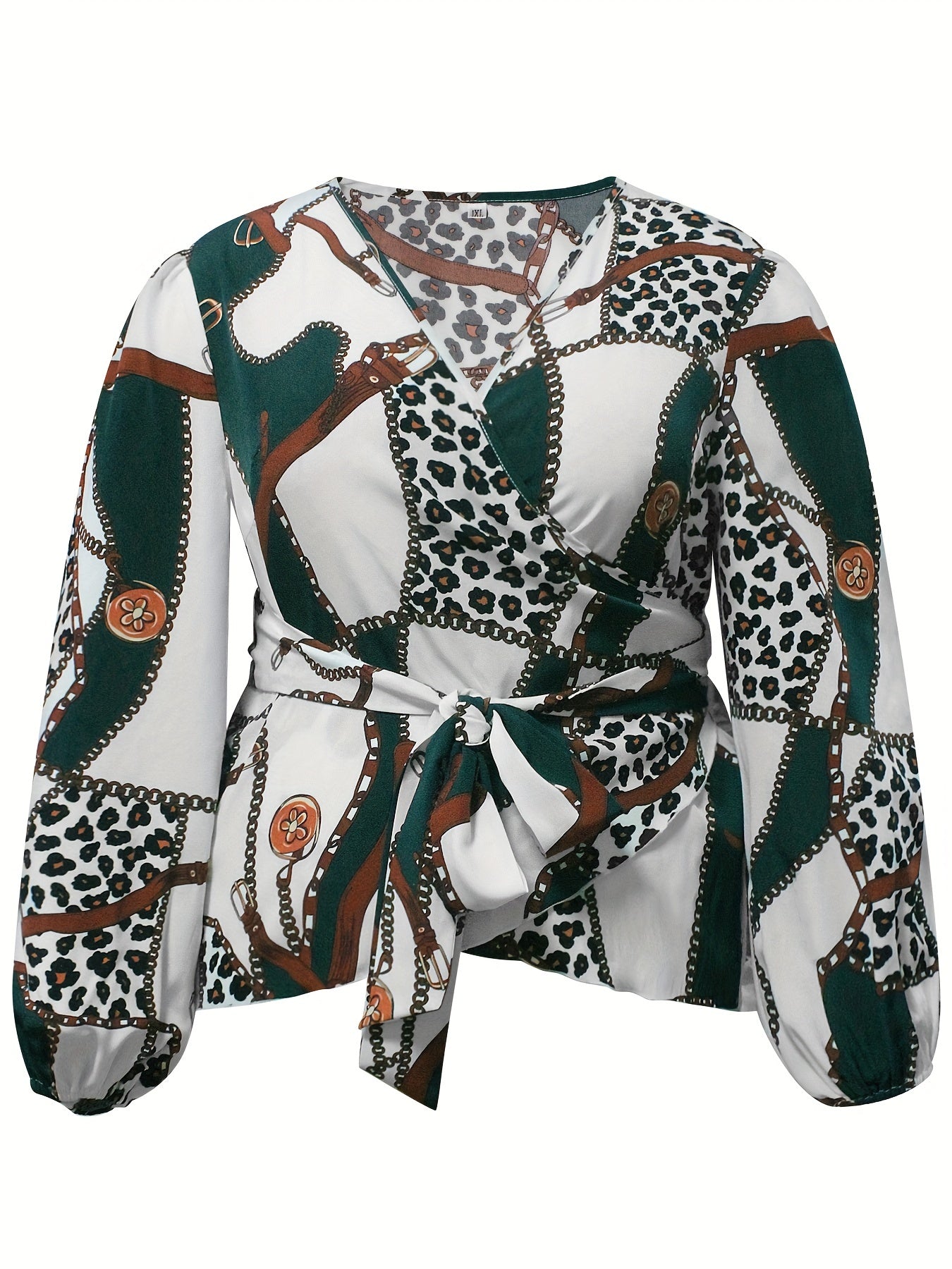  Women's Colorblock Leopard Print Long Sleeve Blouse