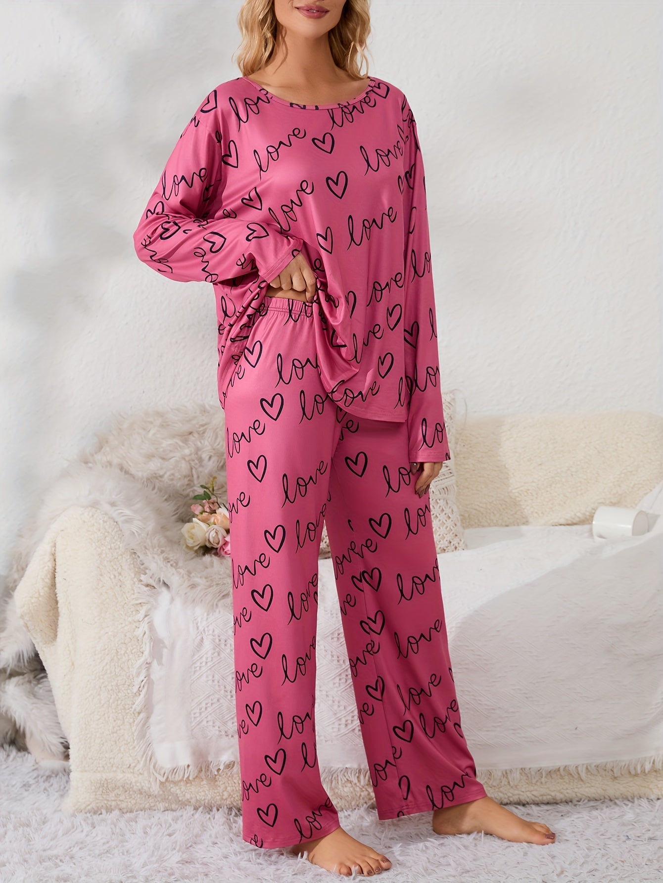 Heart Print Pajama Set Long Sleeve Crew Neck Top & Elastic Waistband Pants