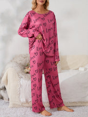Heart Print Pajama Set Long Sleeve Crew Neck Top & Elastic Waistband Pants