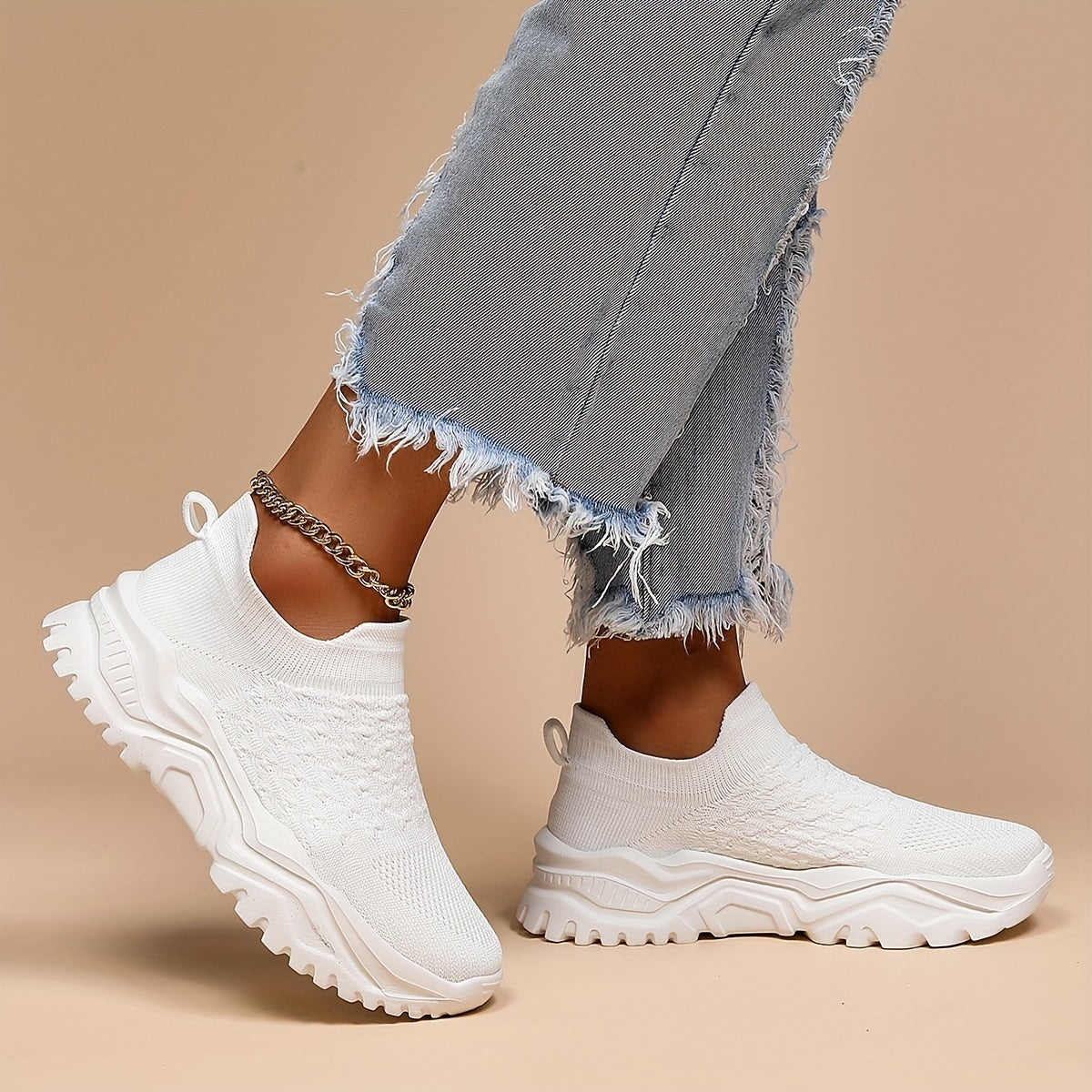 Women's Knitted Textured Running Shoes Lightweight Slip On Casual Sneakers