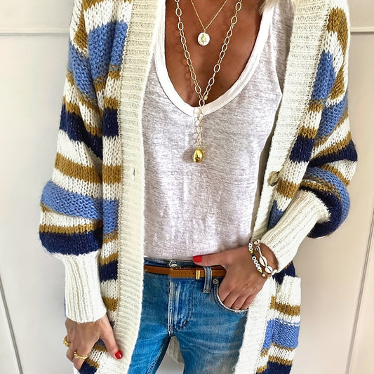  Casual Cardigan Women's Plus Stripe Print Button Up Long Sleeve