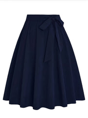  Casual Skirt Solid Elastic Bow Knot A-line Belted Skirt