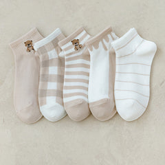 5 Pairs Cartoon Bear & Plaid Striped Ankle Socks Women's Stockings