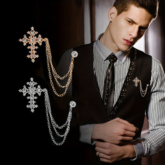 Cross Brooch Tassel Chain Lapel Pin Clothing Jewelry