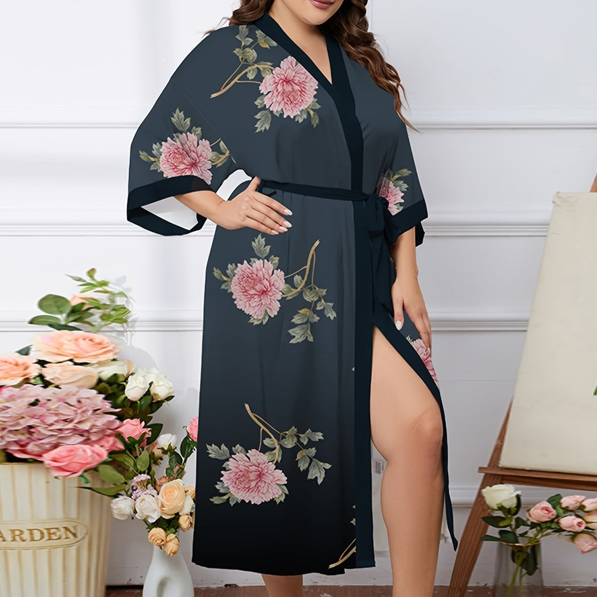  Ombre & Floral Print Long Sleeve Sleepwear Robe