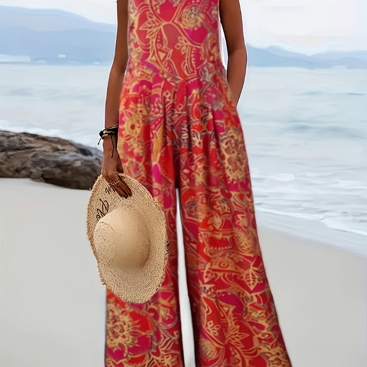 Graphic Print Wide Leg Jumpsuit Summer Sleeveless Casual Jumpsuit