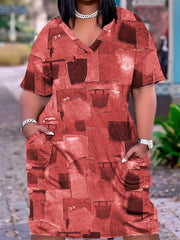 Plus Denim Print V-Neck Short Sleeve Dress with Pockets