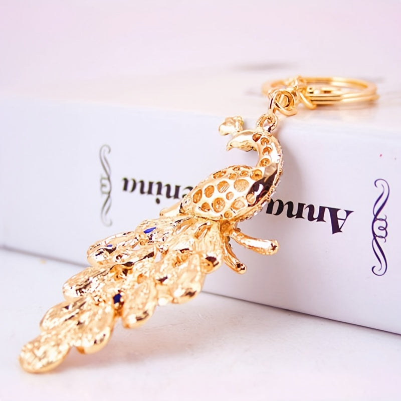 Vintage Rhinestone Peacock Keychain Pendant Animal Keyring Ornament