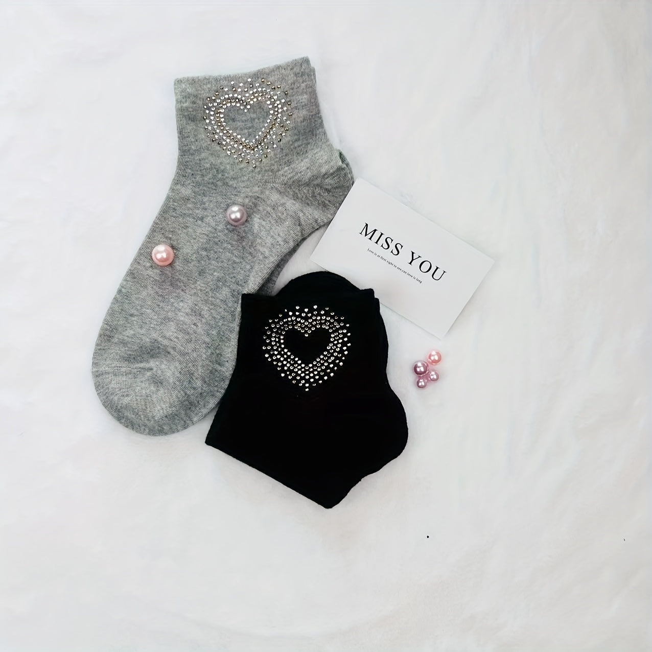 5 Pairs Heart Rhinestone Socks Comfy & Breathable Women's Stockings