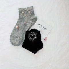 5 Pairs Heart Rhinestone Socks Comfy & Breathable Women's Stockings